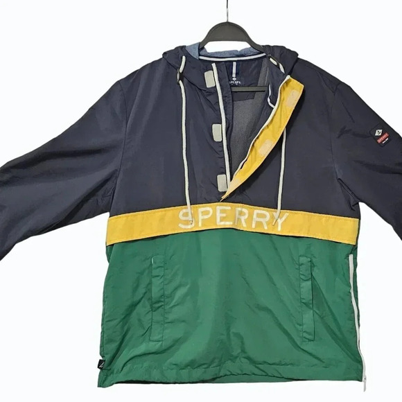 Sperry Nautical Windbreaker Navy Green Yellow Jacket w/ Tablet Pocket Sz Medium - Picture 2 of 6